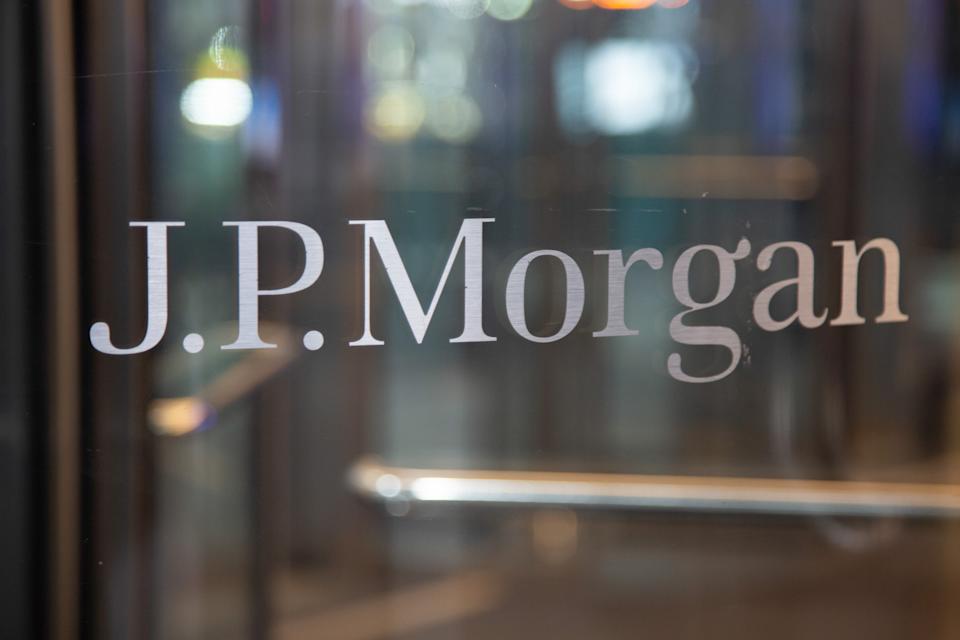 The JP Morgan logo sign at the entrance of a glass office building in Midtown Manhattan, New York, United States, January 23, 2020. JPMorgan Chase & Co. is an American multinational investment bank and holding company financial services company headquartered in New York.  NY, United States (Photo by Nicolas Economou / NurPhoto via Getty Images)